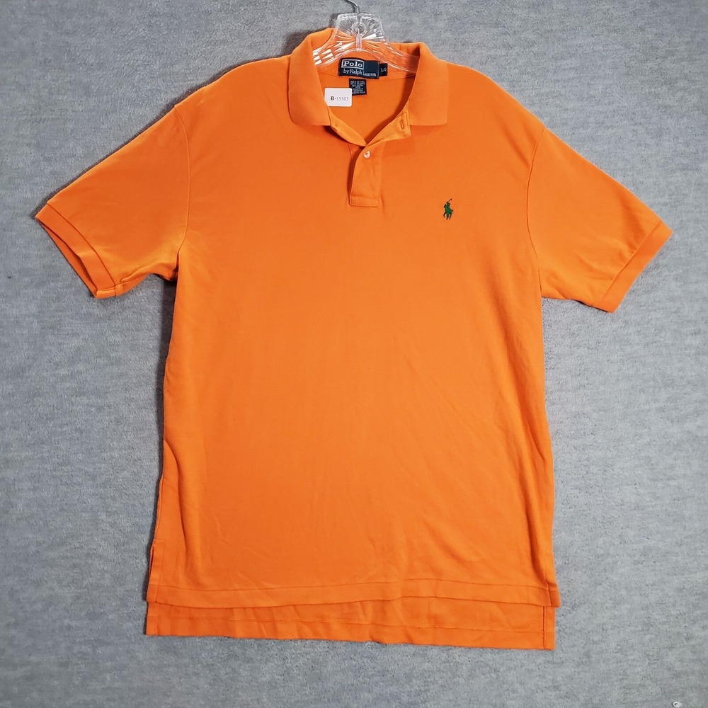 VINTAGE Polo Ralph Lauren Men Polo Shirt Large Orange‎ Logo Embroidered Collar